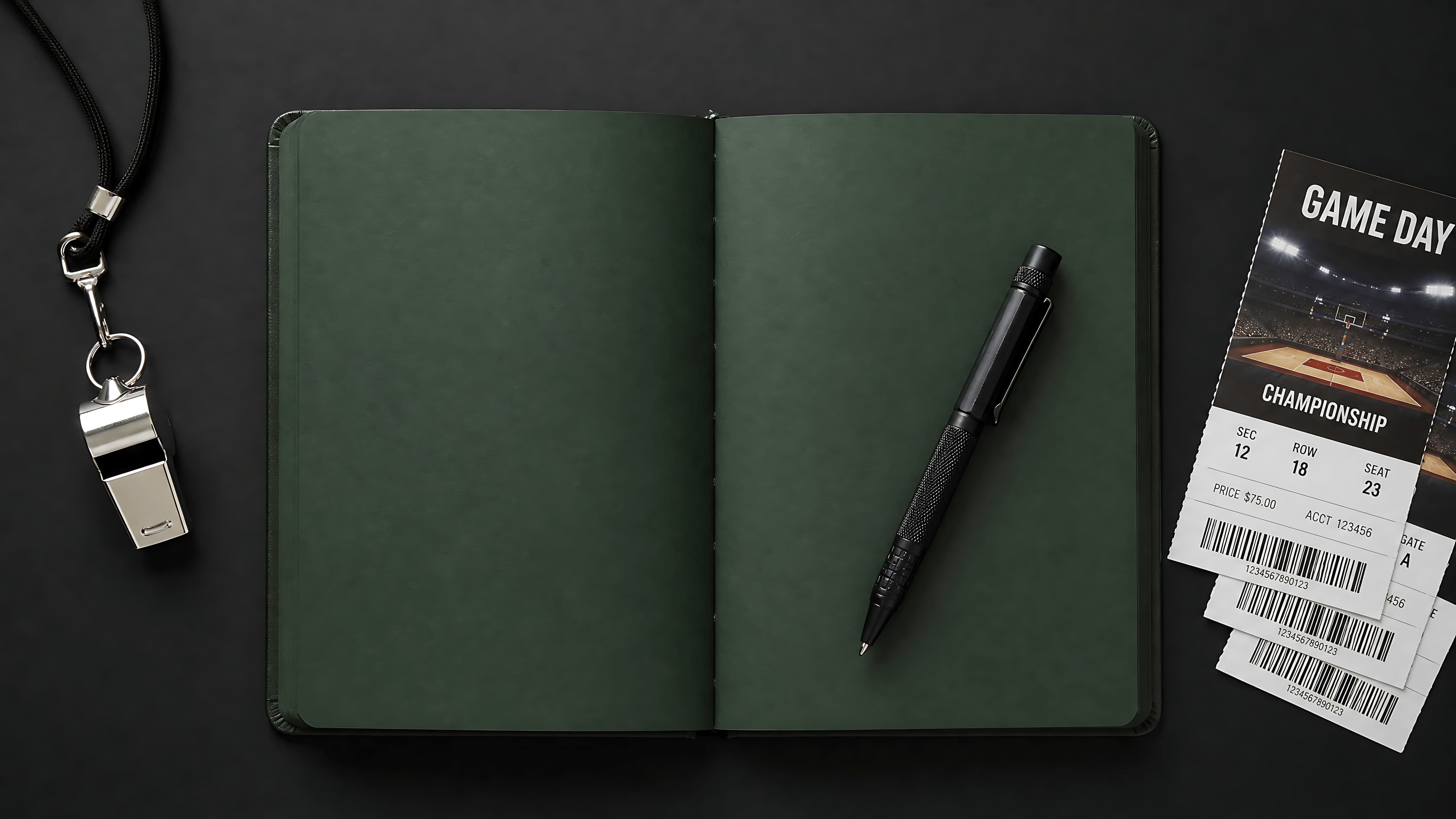 Dark strategy notebook and planning tools on a desk.