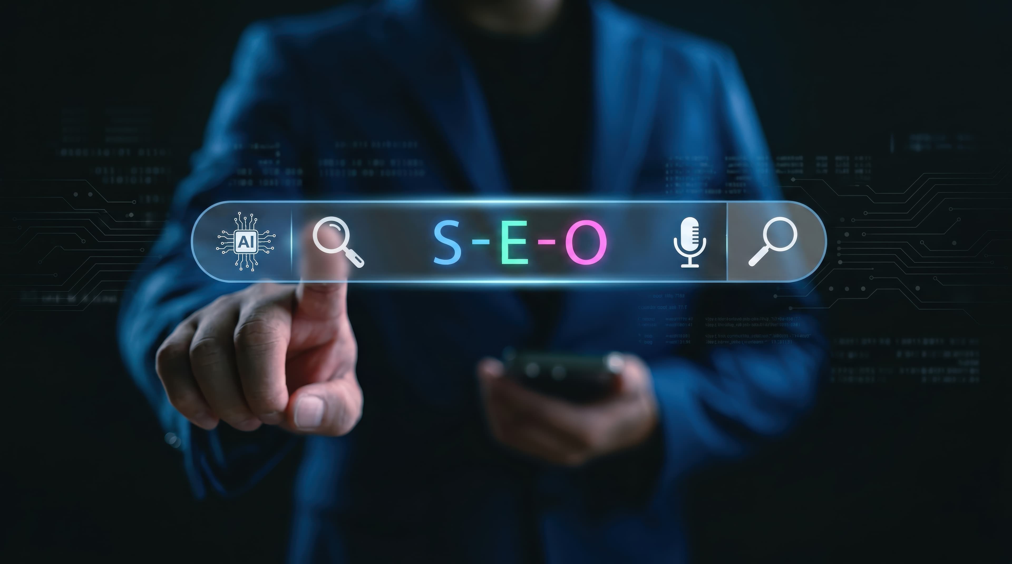 SEO search bar, website optimization, and search visibility interface on a dark digital background